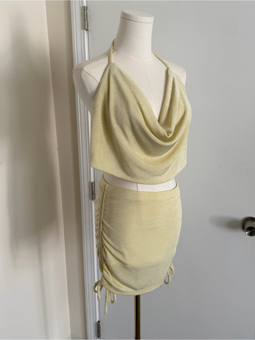 Edikted Butter Yellow Cowl Neck Halter 2 Piece Mini Skirt & Open Back Top Outfit